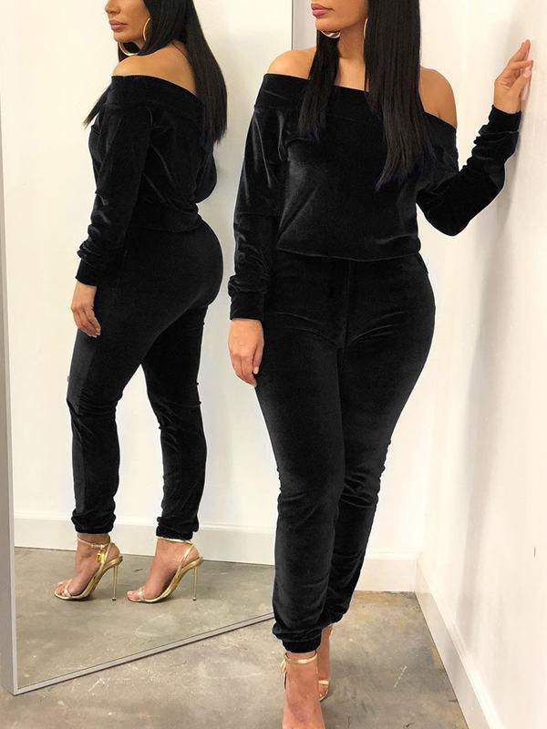 Off Shoulder Velvet Co-ord--Clearance Black 3XL