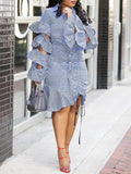 Tiered Ruffle Drawstring Stripe Dress--Clearance Blue S