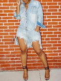Distressed Button-Front Denim Romper Light Blue