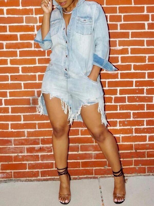 Distressed Button-Front Denim Romper Light Blue