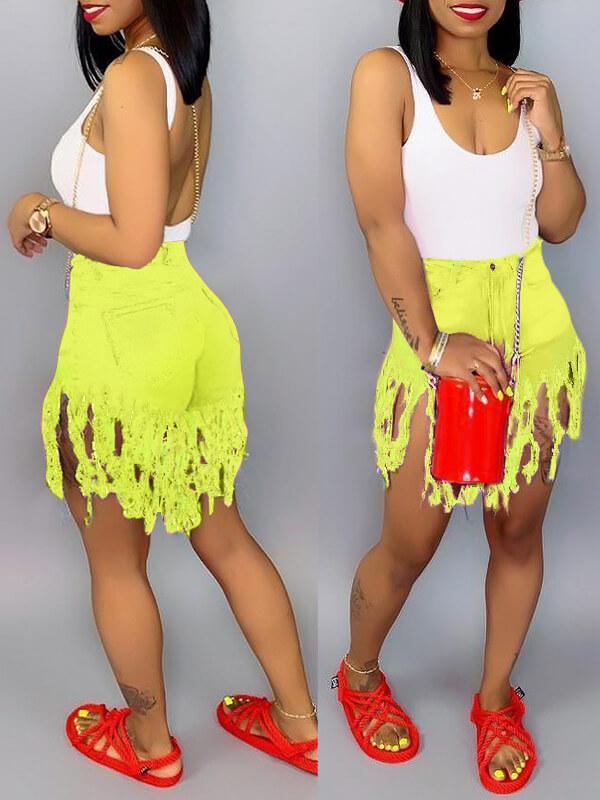 Fringe Denim Shorts--Clearance Yellow