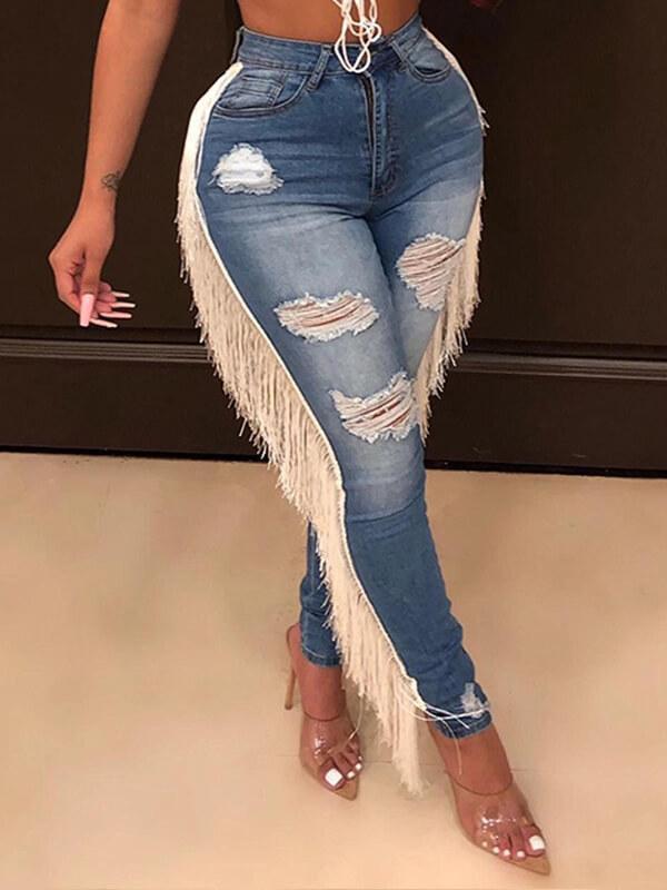 Distressed Fringe Jeans Dark Blue