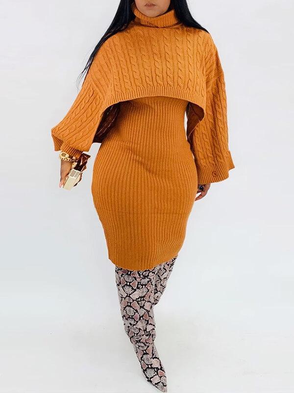 Knit Poncho & Sweater Dress Set--Clearance Orange