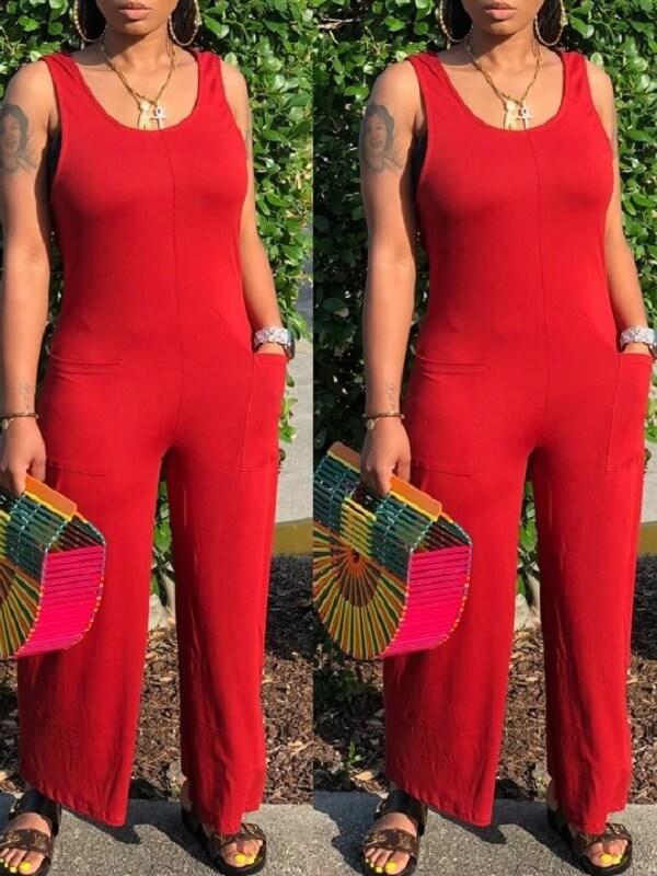 Solid Sleeveless Wide-Leg Jumpsuit--Clearance Red S
