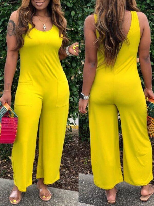 Solid Sleeveless Wide-Leg Jumpsuit--Clearance Yellow S