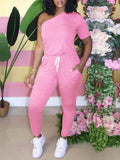 One-Shoulder Drawstring Jumpsuit--Clearance Pink S