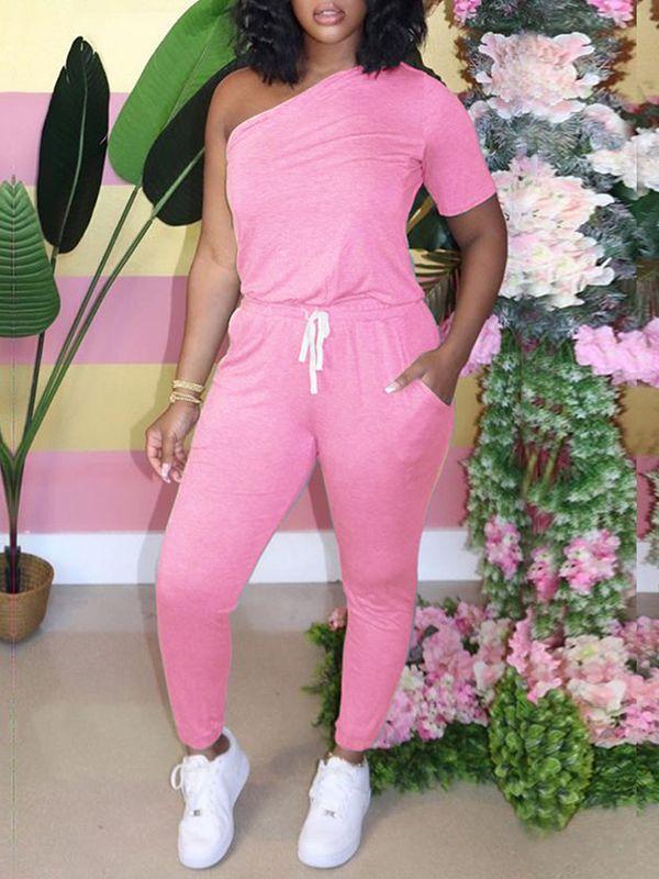 One-Shoulder Drawstring Jumpsuit--Clearance Pink S