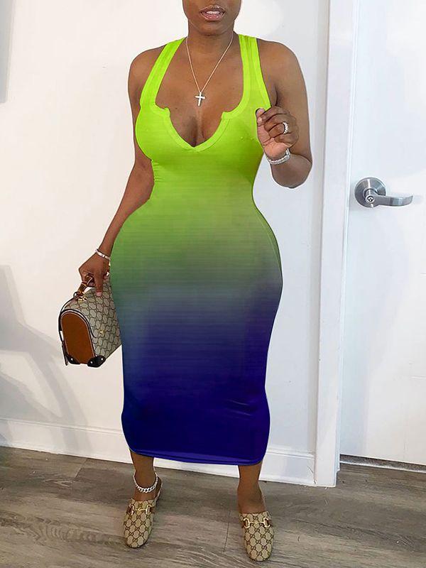 V-Neck Gradient Dress Green