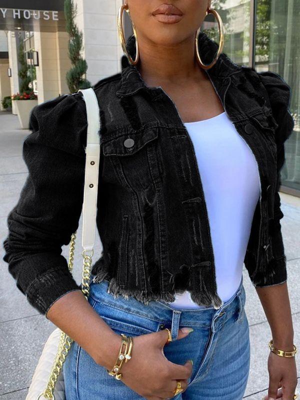 Distressed Puff-Sleeve Denim Jacket Black