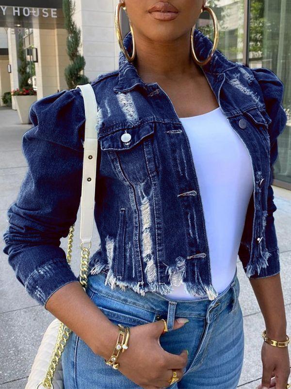 Distressed Puff-Sleeve Denim Jacket Dark Wash
