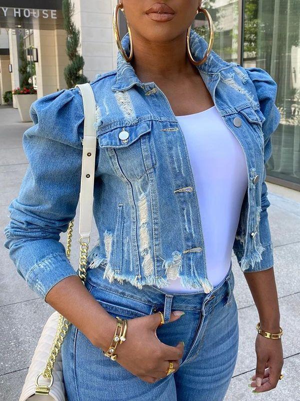 Distressed Puff-Sleeve Denim Jacket Blue
