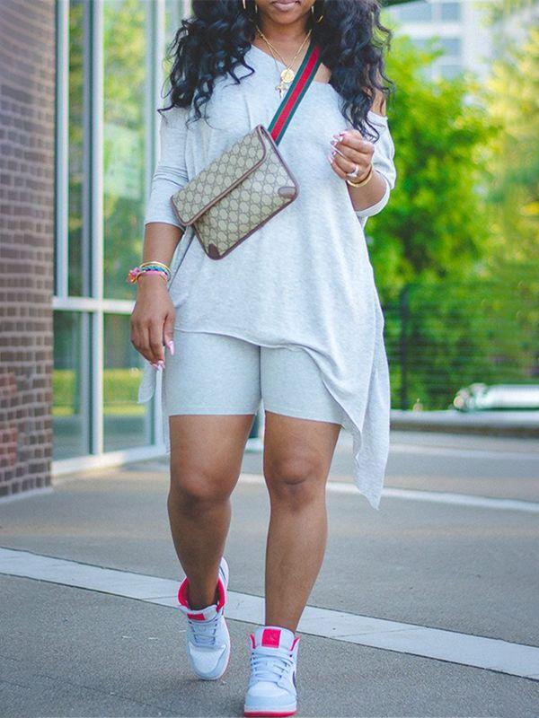 Asymmetric Top & Biker Shorts Set Gray
