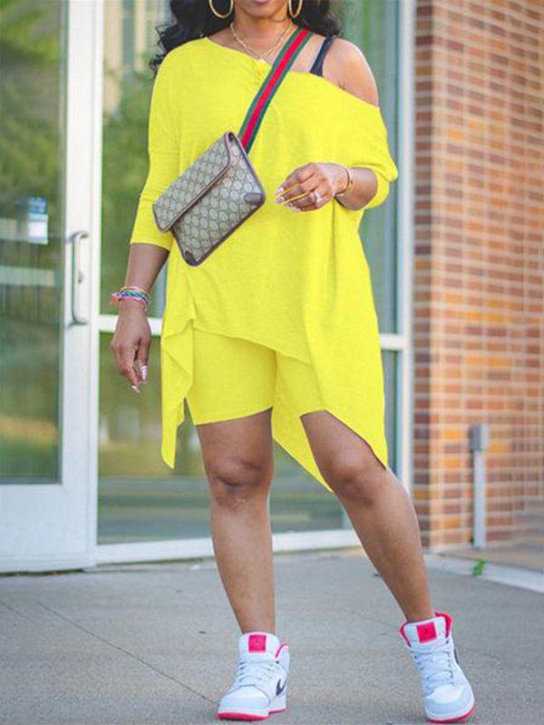 Asymmetric Top & Biker Shorts Set Yellow