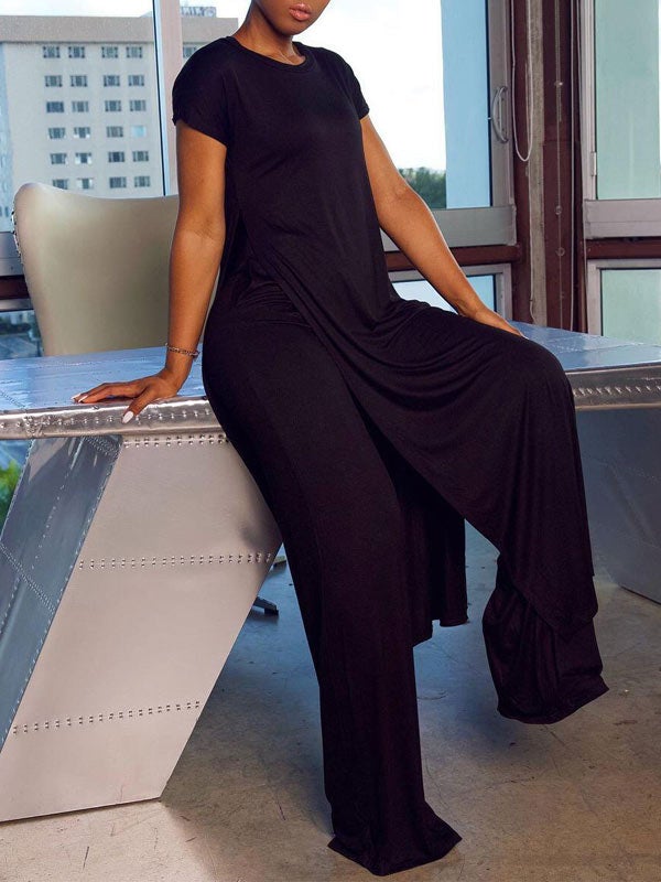 Solid Slit Tunic & Pants Set Black