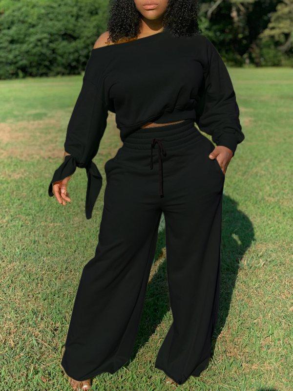 Solid Sweatshirt & Wide-Leg Pants Set Black