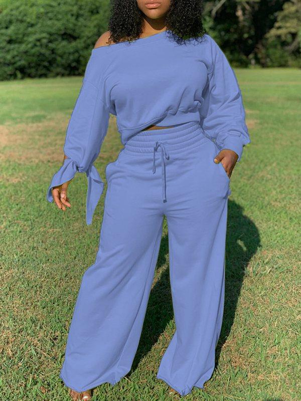 Solid Sweatshirt & Wide-Leg Pants Set Blue
