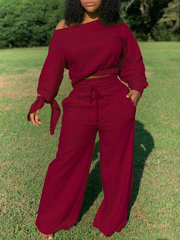 Solid Sweatshirt & Wide-Leg Pants Set Burgundy