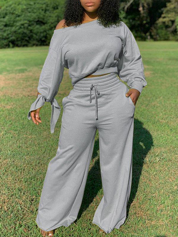 Solid Sweatshirt & Wide-Leg Pants Set Gray