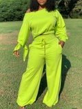 Solid Sweatshirt & Wide-Leg Pants Set Lime