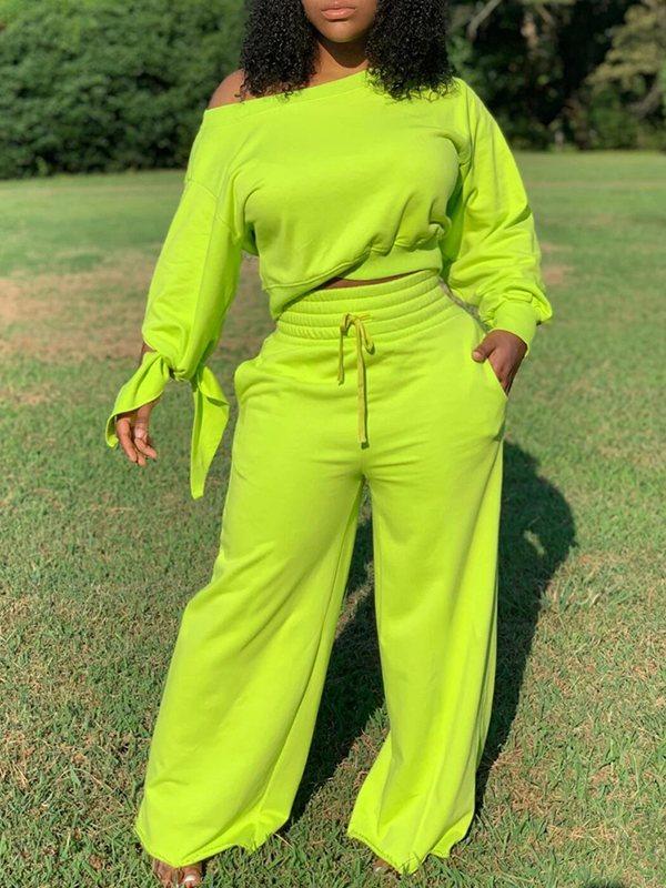 Solid Sweatshirt & Wide-Leg Pants Set Lime