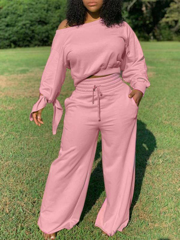 Solid Sweatshirt & Wide-Leg Pants Set Pink