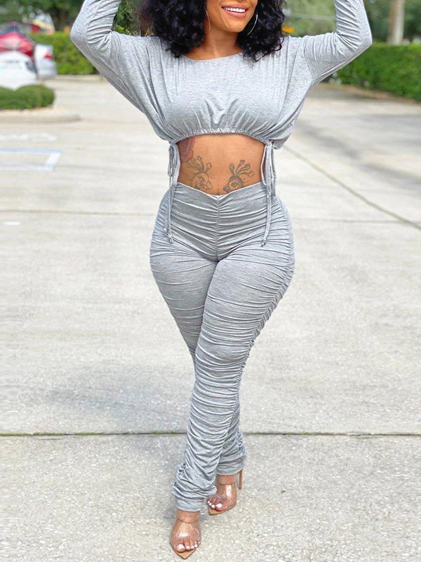 Drawstring Top & Ruched Pants Set--Clearance Gray S