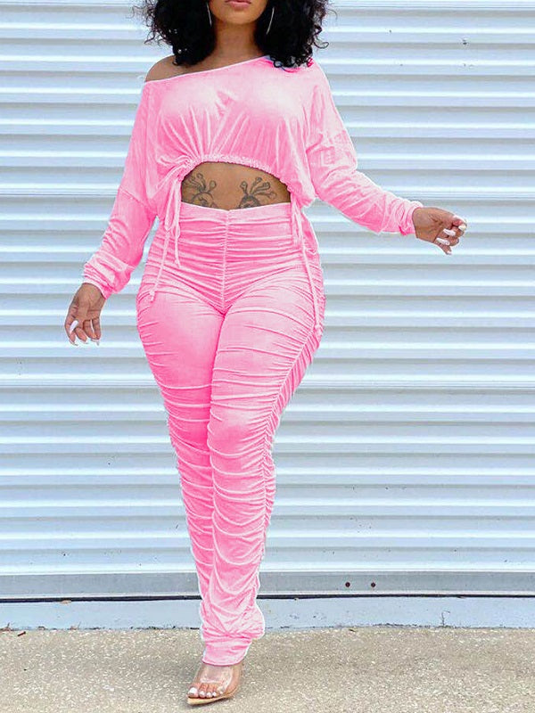 Drawstring Top & Ruched Pants Set--Clearance Pink