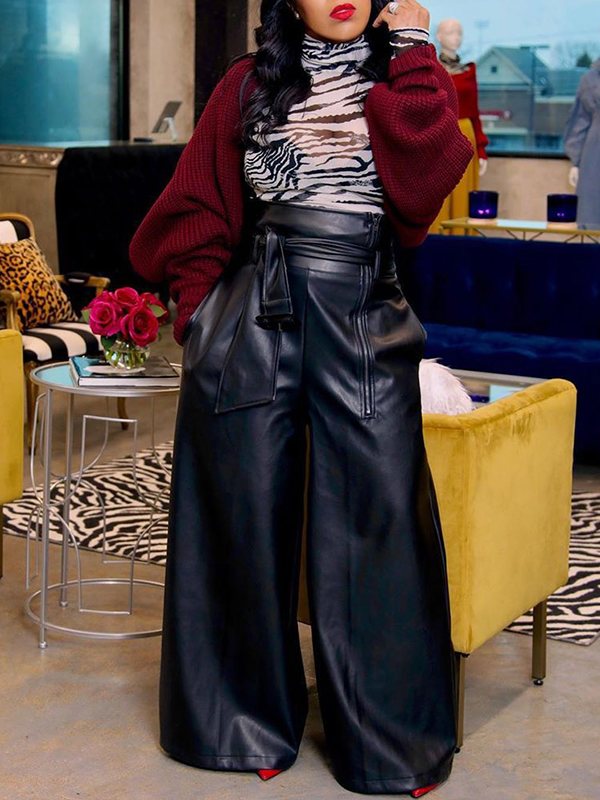 Faux-Leather Wide-Leg Belted Pants--Clearance