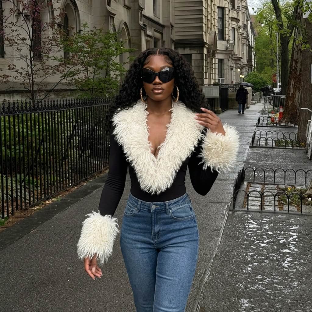 Faux Fur Trim Plunge Bodysuit