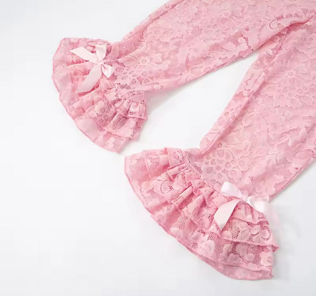 Mona Pink Lace Capri Bow Style Leggings