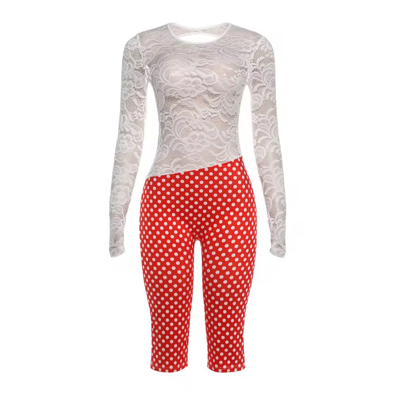Fyia Red Lace Polka Dot Romper