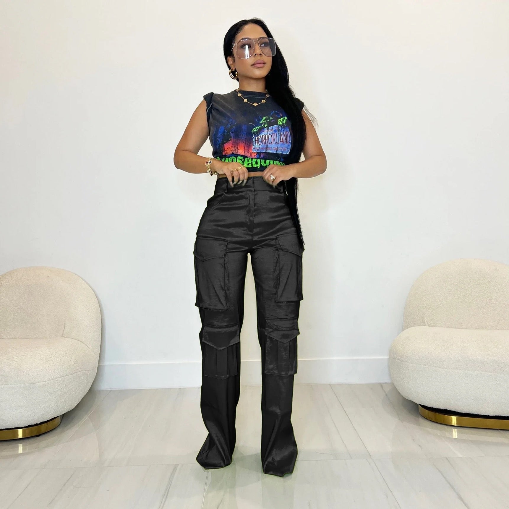 Lily Shiny Black Cargos
