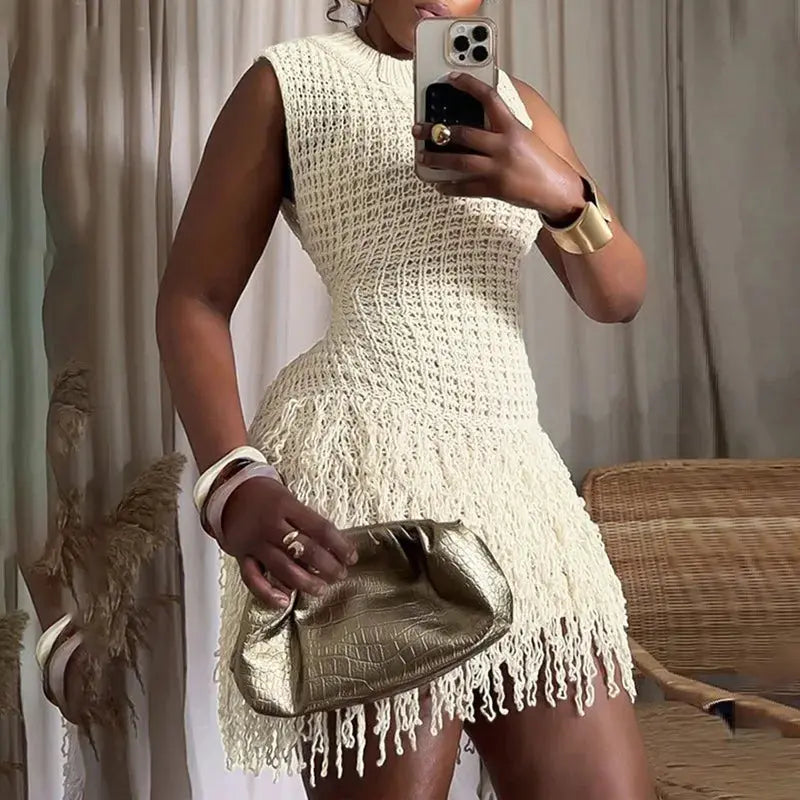 Josiah Knit Crochet Tassel Mini Dress