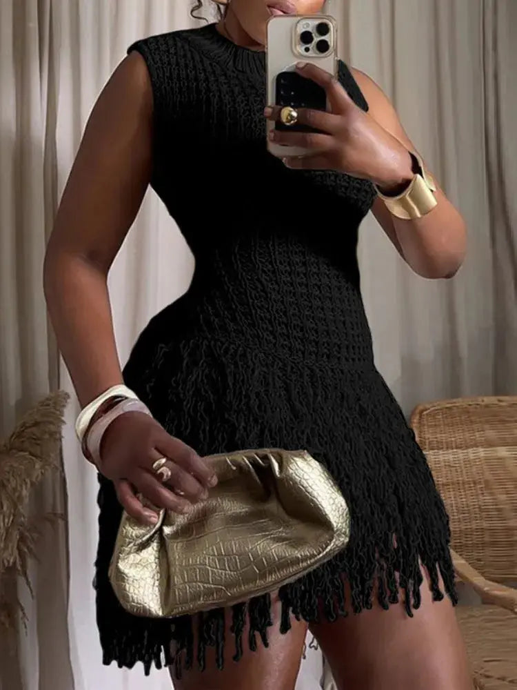 Josiah Knit Crochet Tassel Mini Dress Black