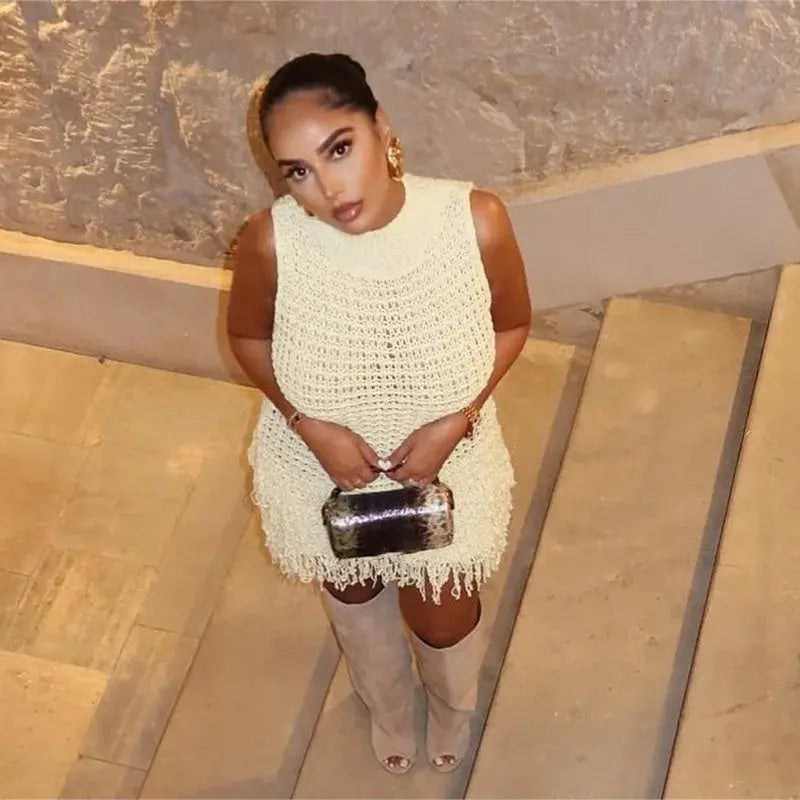 Josiah Knit Crochet Tassel Mini Dress