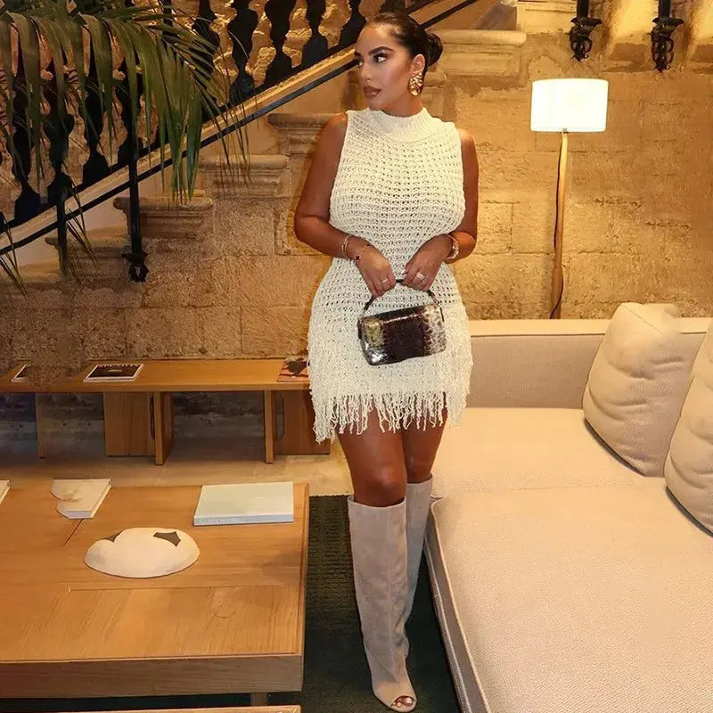 Josiah Knit Crochet Tassel Mini Dress