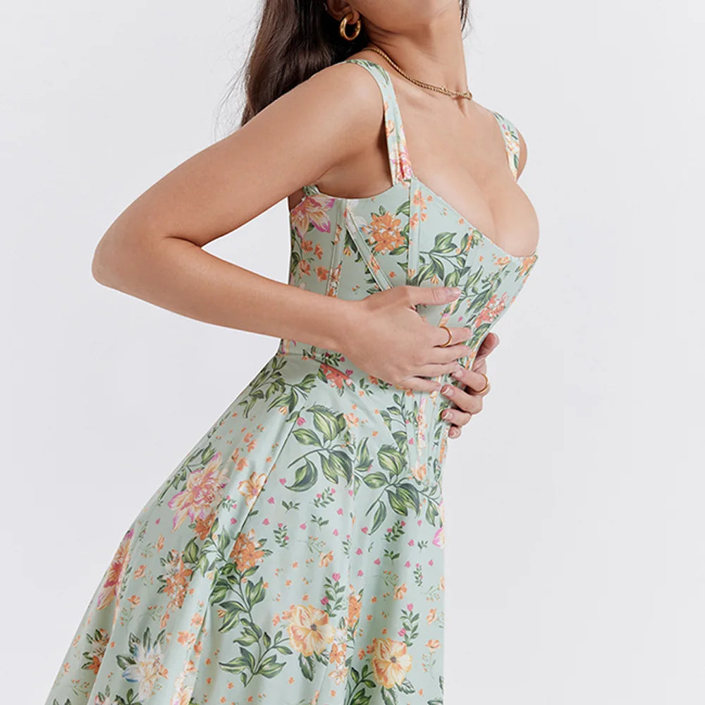 Lace Up Floral Corset Midi Dress
