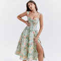Lace Up Floral Corset Midi Dress with boning lining