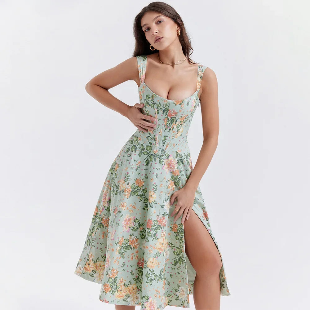 Lace Up Floral Corset Midi Dress with boning lining