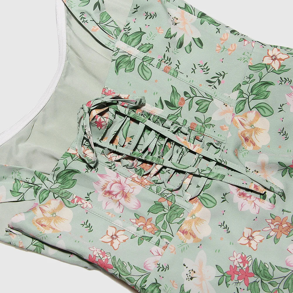 Lace Up Floral Corset Midi Dress