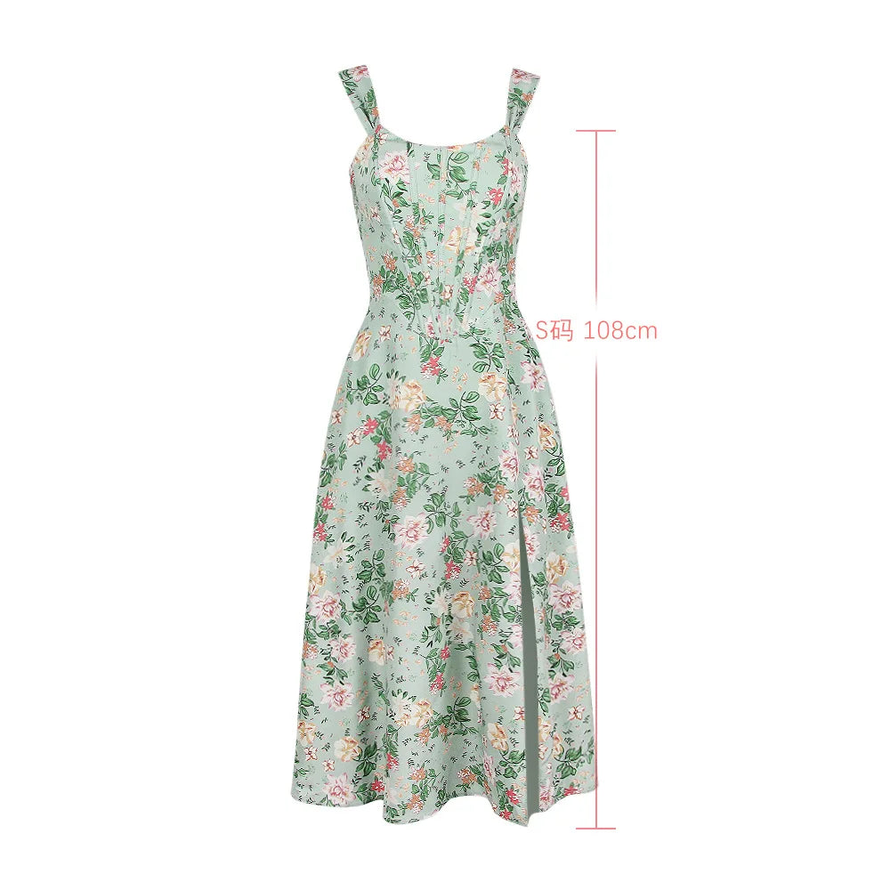Lace Up Floral Corset Midi Dress