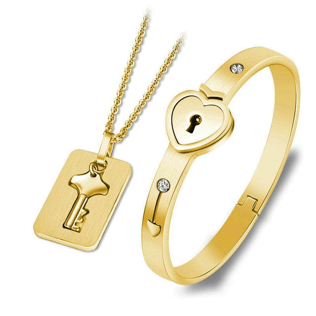 Love Heart Lock Bracelet Pure Gold Color