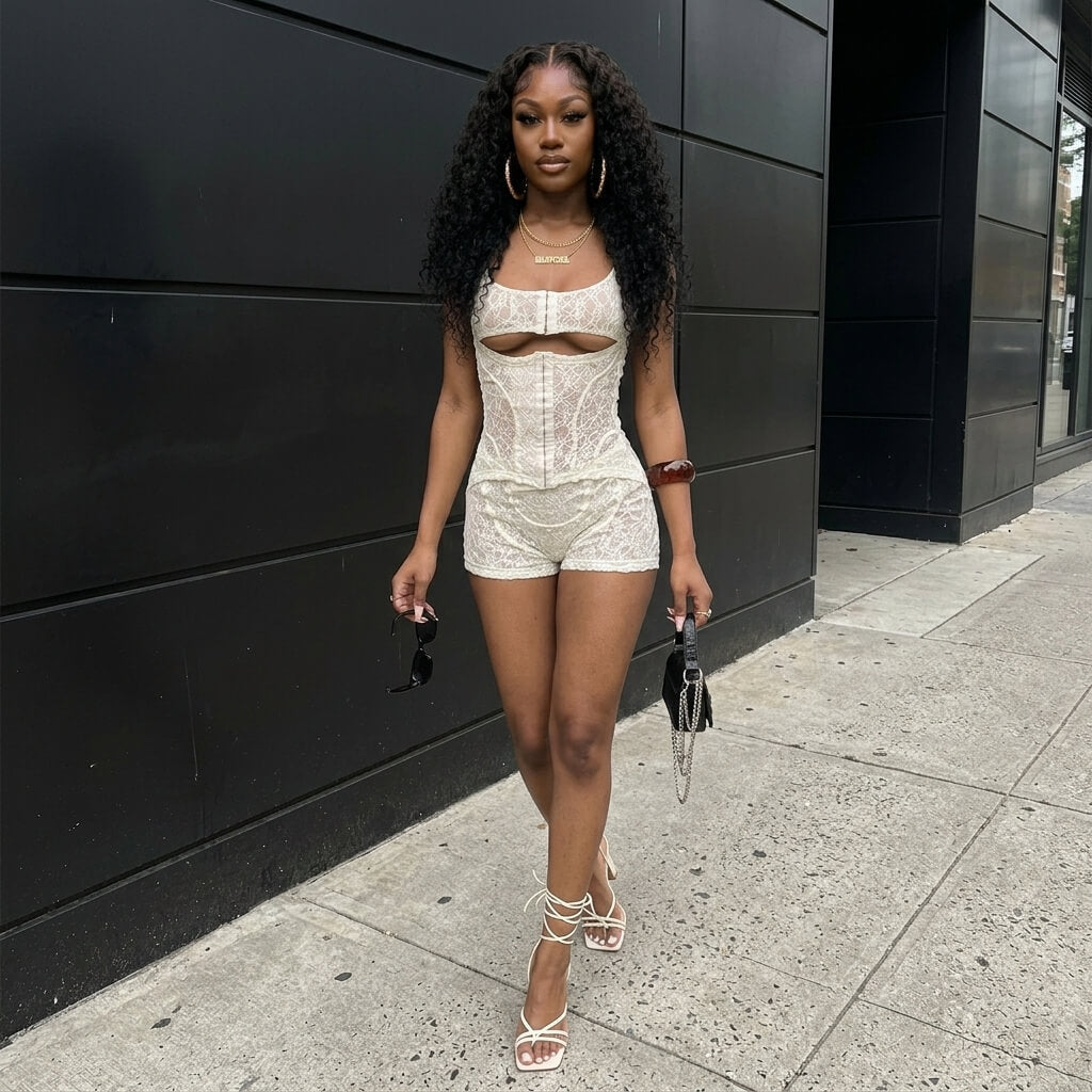 Lace Cutout Hook-and-Eye Romper