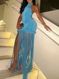 Fringe Combo Halter Dress Blue