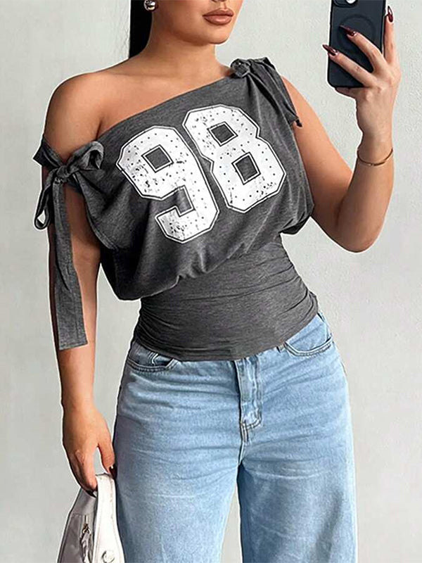 Printed Boat-Neck Tied Tee Dark Gray