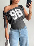 Printed Boat-Neck Tied Tee Dark Gray