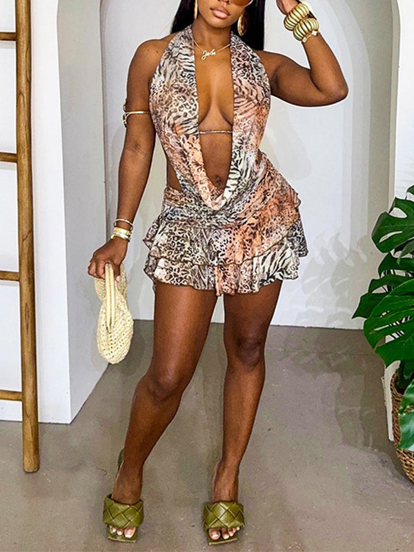 Leopard Ruffle Halter Dress Gray