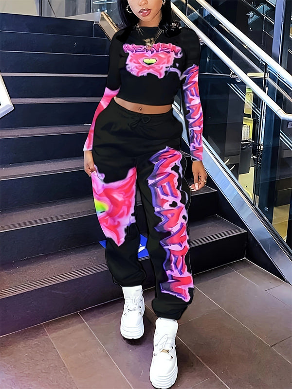 Printed Tee & Jogger Pants Set Black
