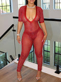 V-Neck Sheer Jumpsuit Red