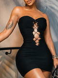 Lace-Up Strapless Dress Black